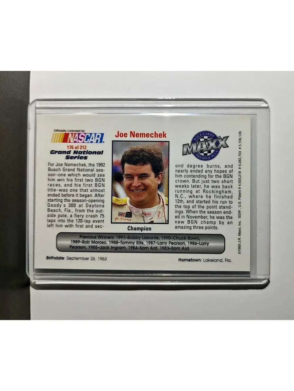 Grand National Champion 1993 Maxx Premier Plus Racing #176 NASCAR Card